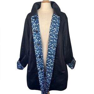 NWT Dennis Basso Reversible Blue & Blue Leopard Print Rain Coat w/pockets Size3X